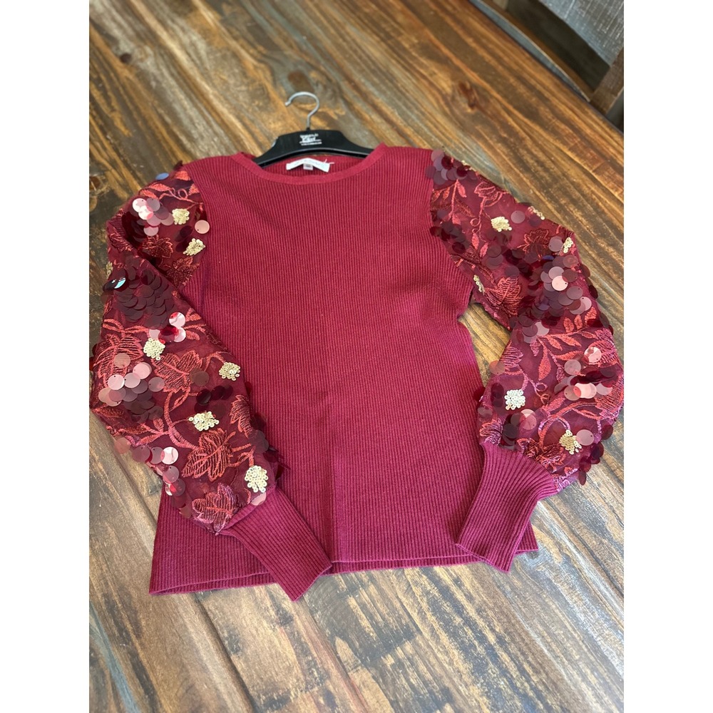 Siani Milano Sequin Sleeve Top Ribbed‎ Knit Blouse Party Long Sleeve XS